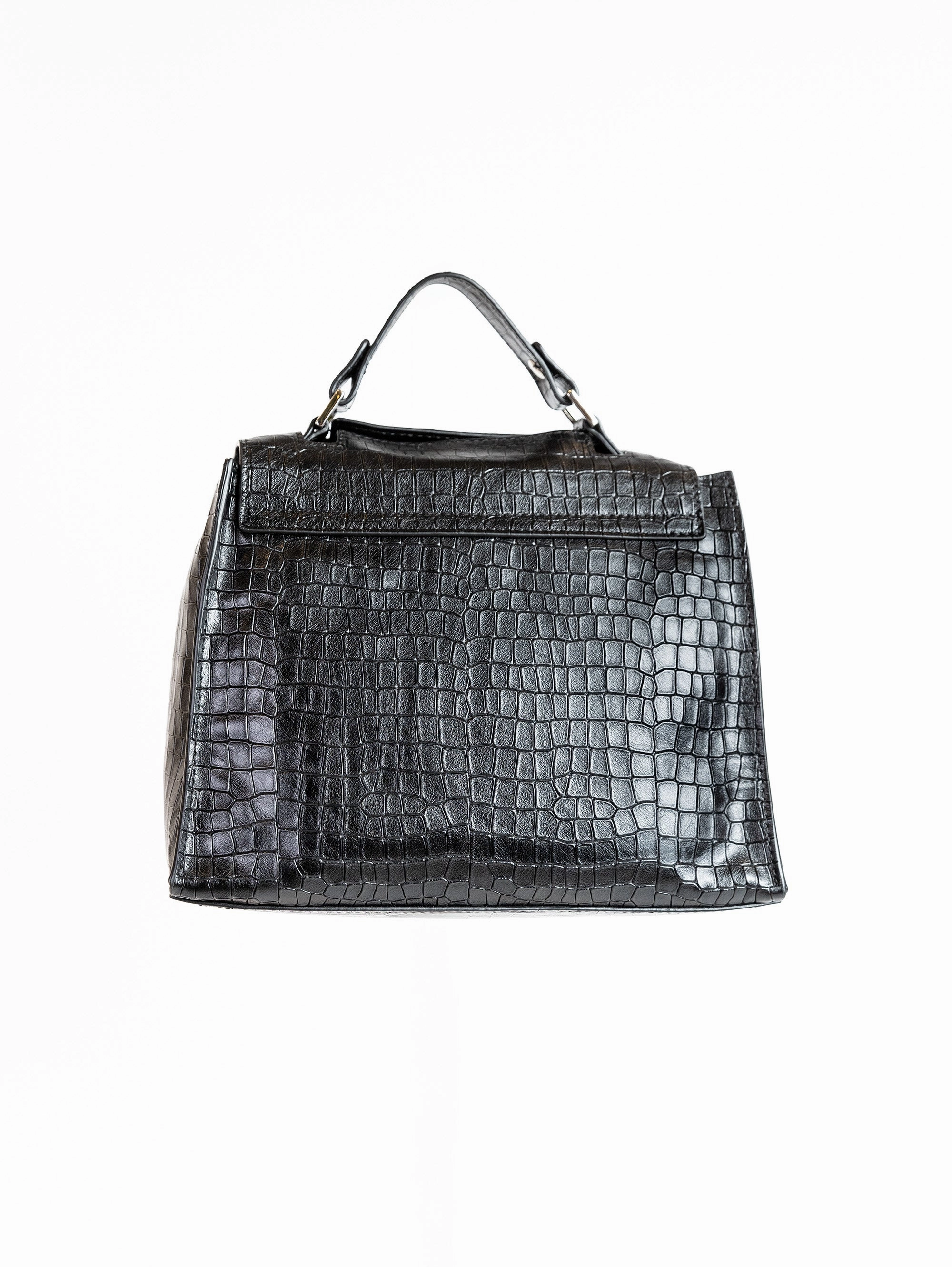 Black Leather Handbag with Crocodile Print