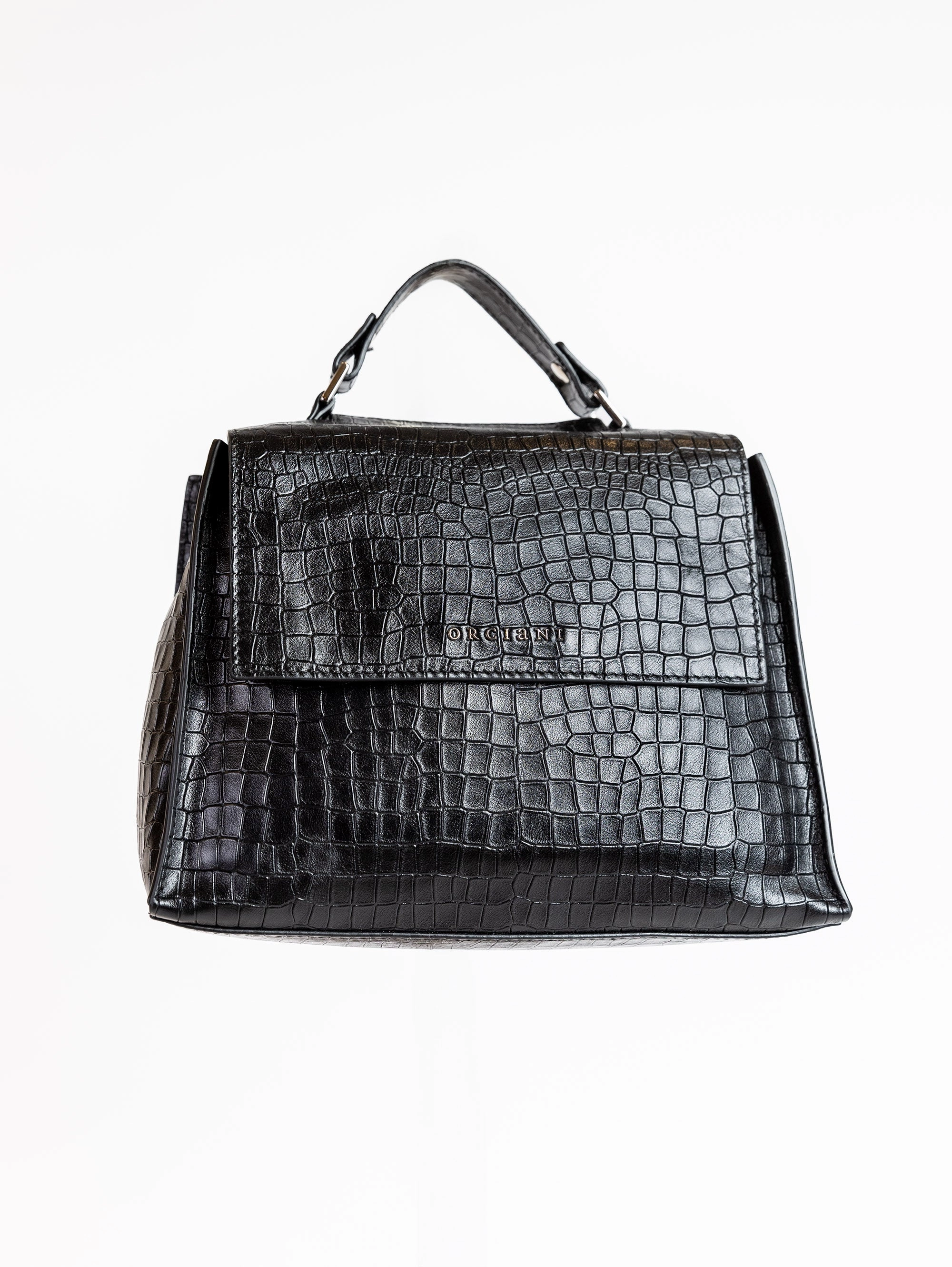 Black Leather Handbag with Crocodile Print