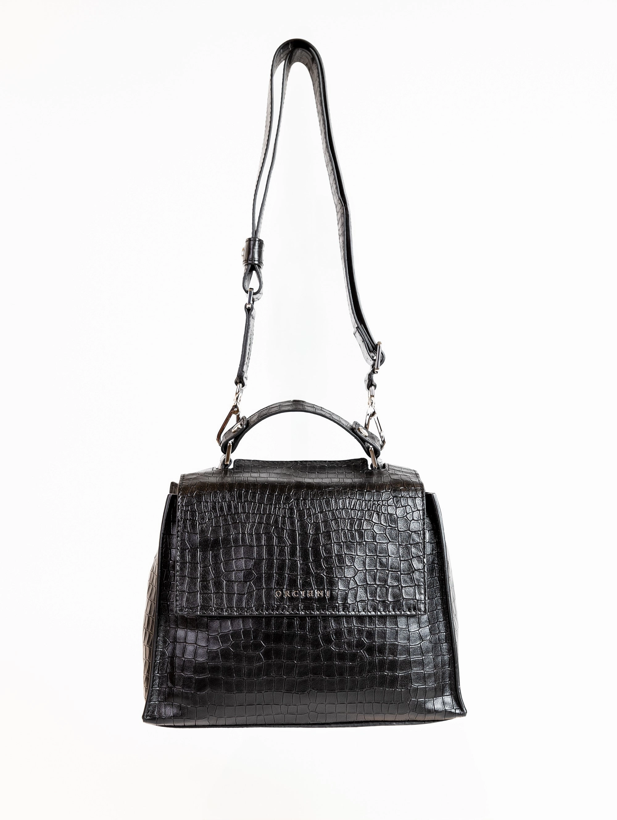 Black Leather Handbag with Crocodile Print