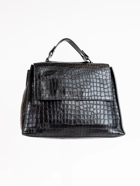 Black Leather Handbag with Crocodile Print