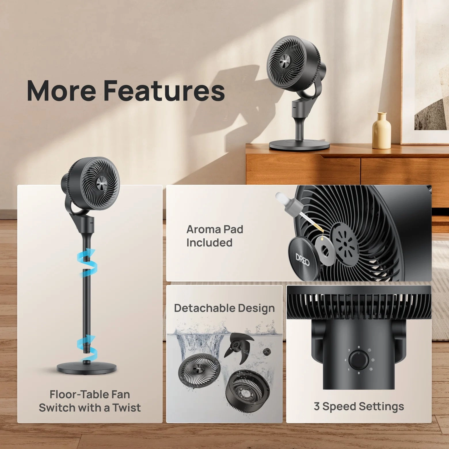 Dreo DR-HPF011 Black 2-in-1 Oscillating Fans for Table or Floor, 80ft