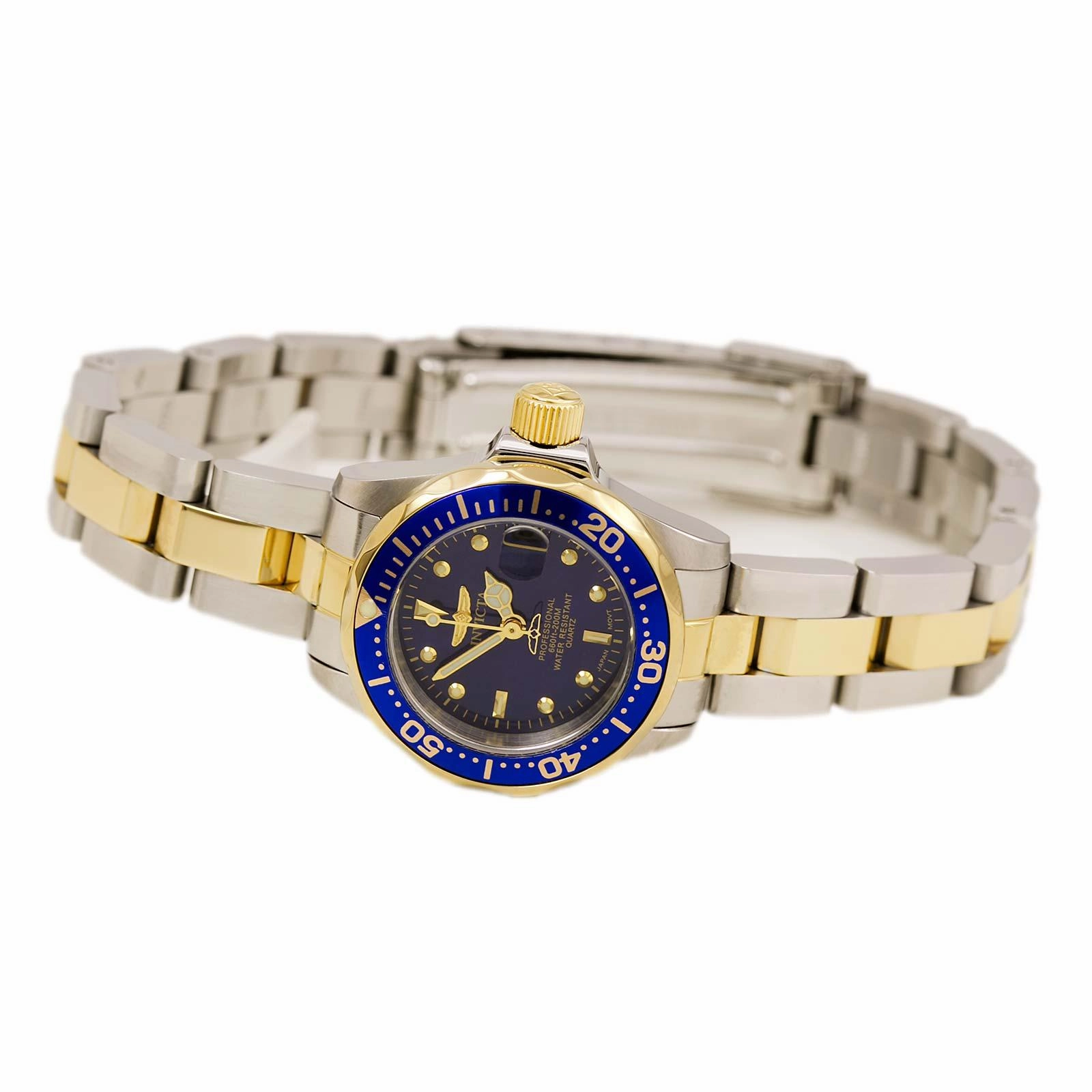 Invicta 8942 Women's Two Tone Yellow Steel Bracelet Quartz Pro Diver Blue Dial Date Watch