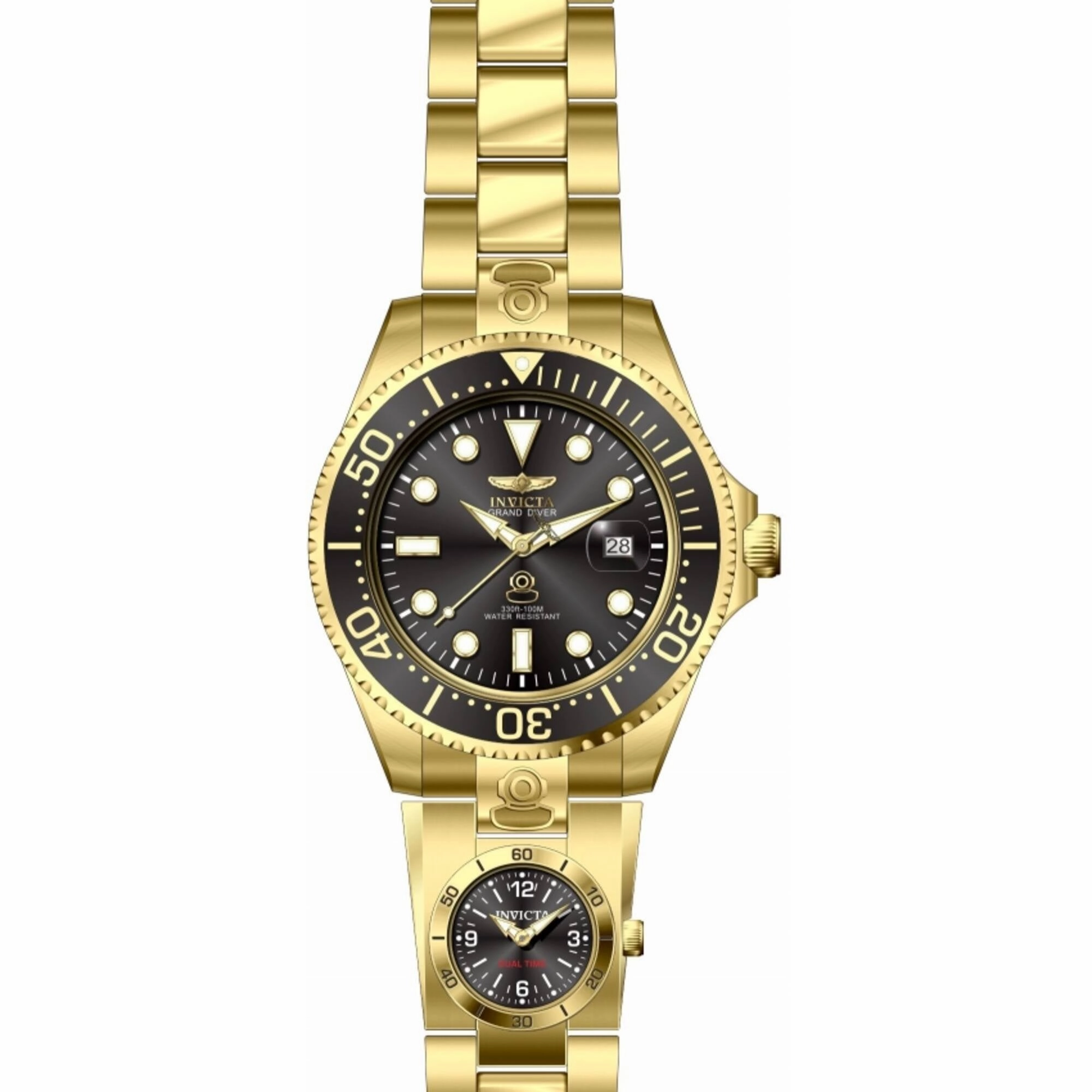 Invicta Men's Watch - Pro Diver Dual Time Black Dial Yellow Gold Bracelet | 45816