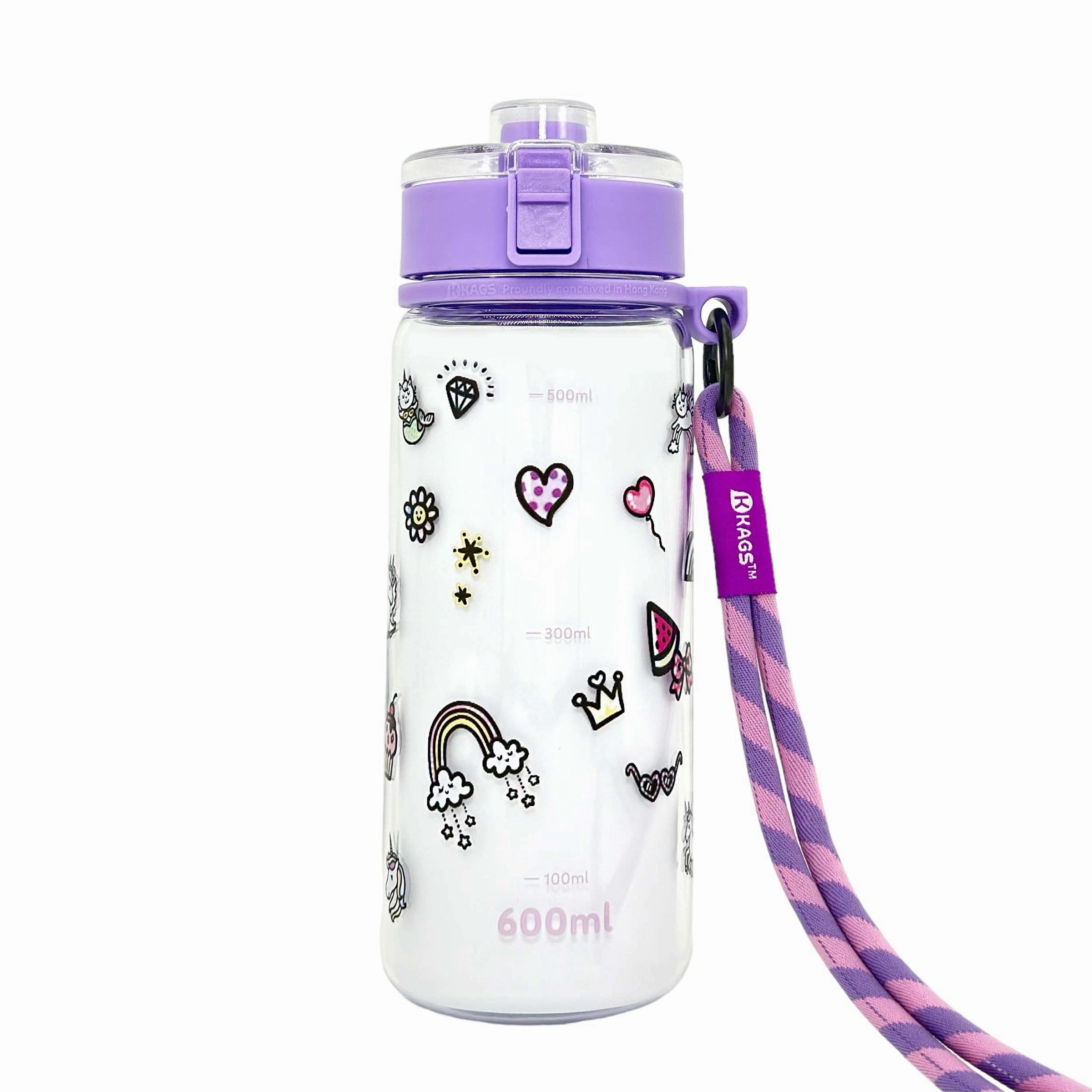 KAGS AQUARECHARGE Series Tritan 600ML Water Bottle w/ Crossbody Strap Cartoon Series