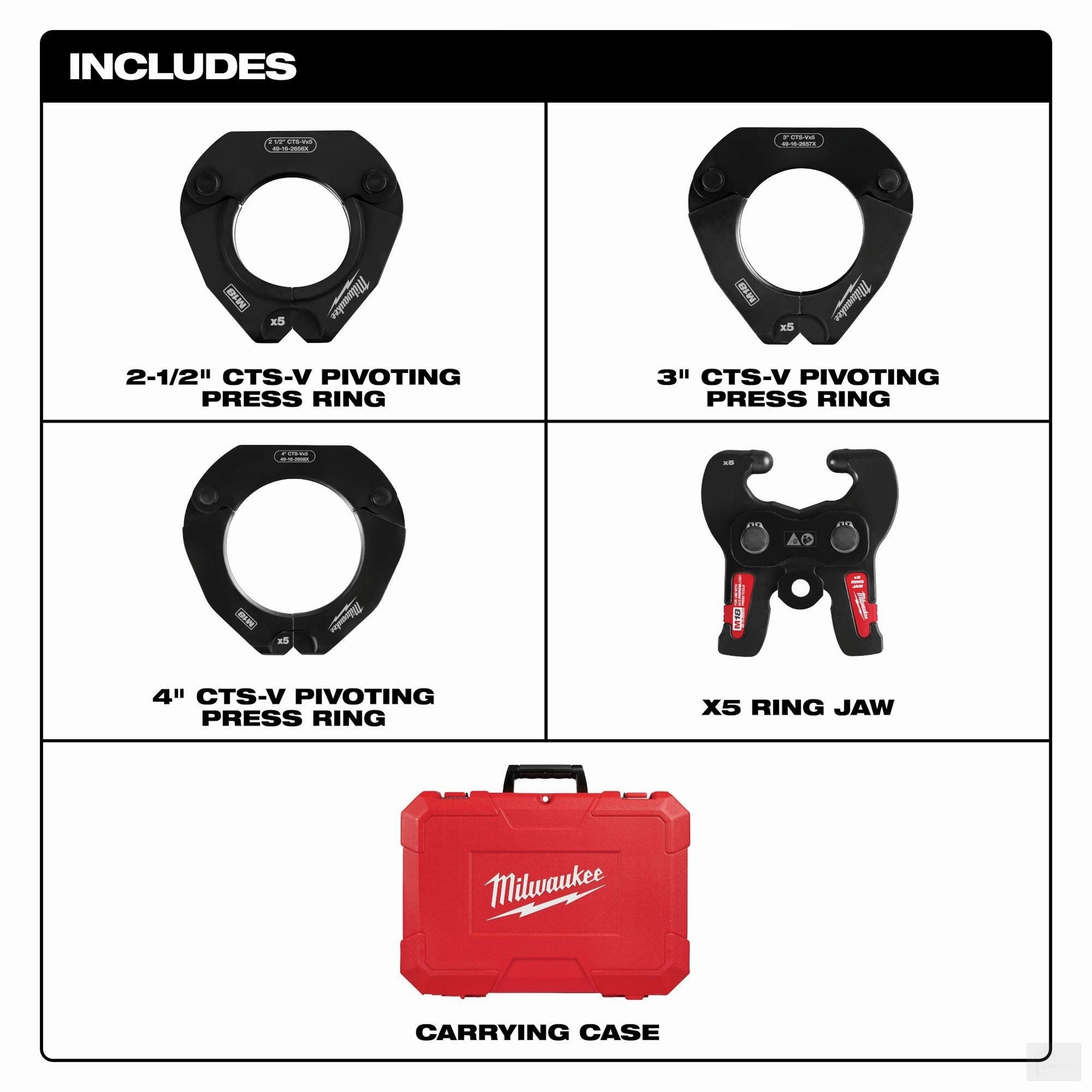 Milwaukee 2-1/2" - 4" CTS-V Pivoting Press Ring Kit for M18™ FORCE LOGIC™ Press Tools (49-16-2690X)