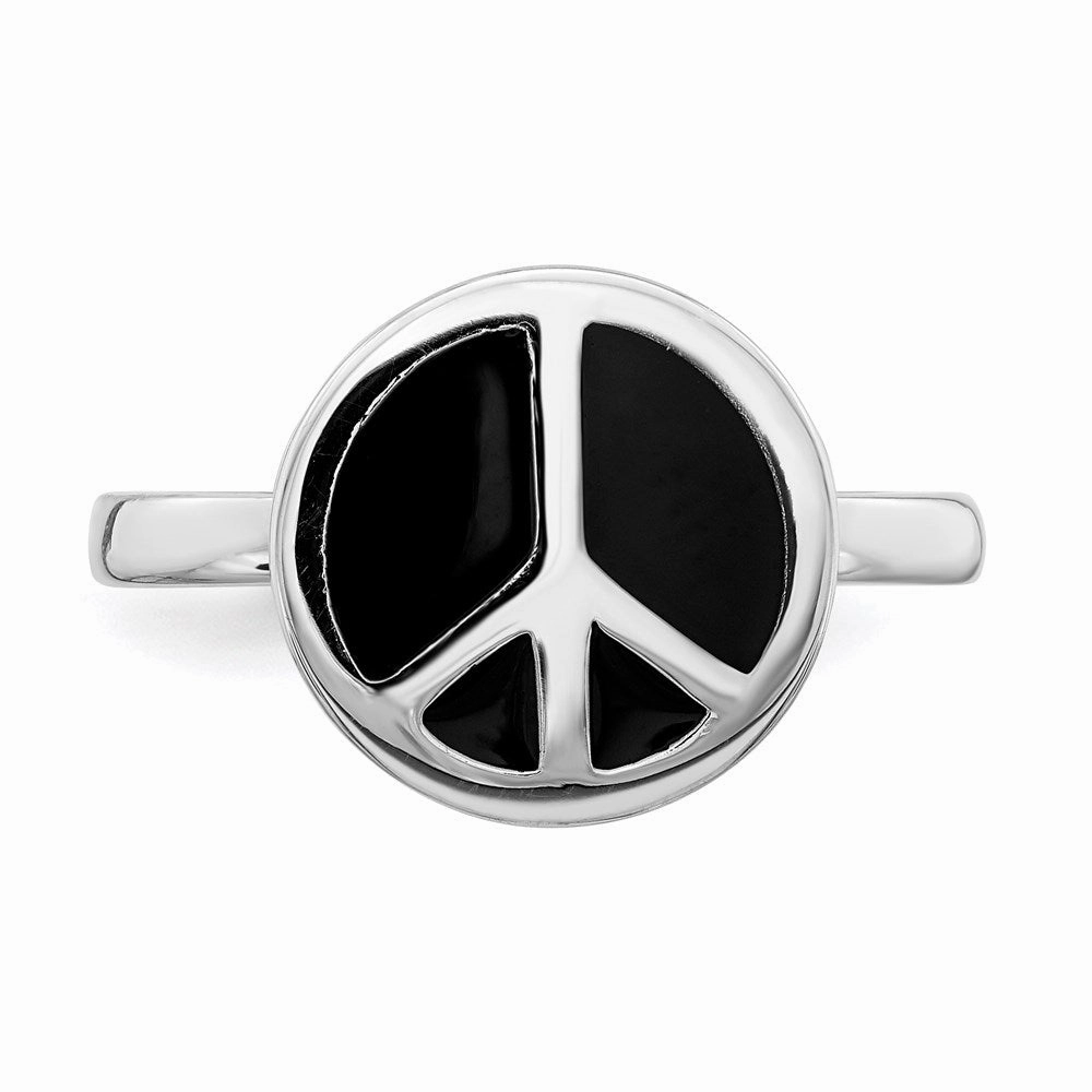 SS Stackable Expressions Polished Black Enameled Peace Sign Ring | QSK126