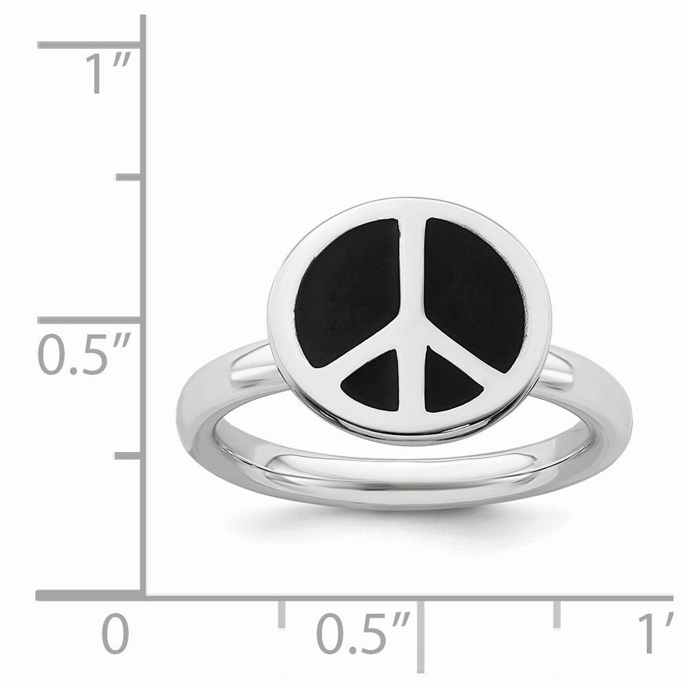 SS Stackable Expressions Polished Black Enameled Peace Sign Ring | QSK126
