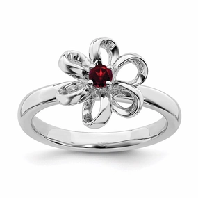Sterling Silver Stackable Expressions Polished Garnet Flower Ring | QSK115