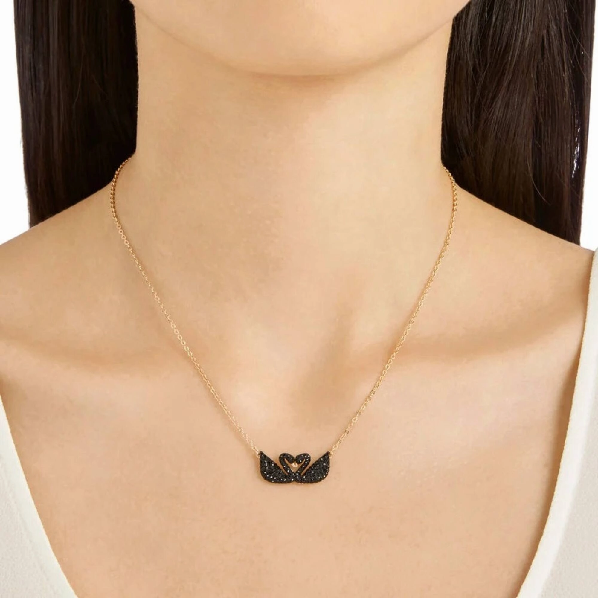 Swarovski Women's Necklace - Iconic Swan Double Black Crystal Rose Gold | 5296468