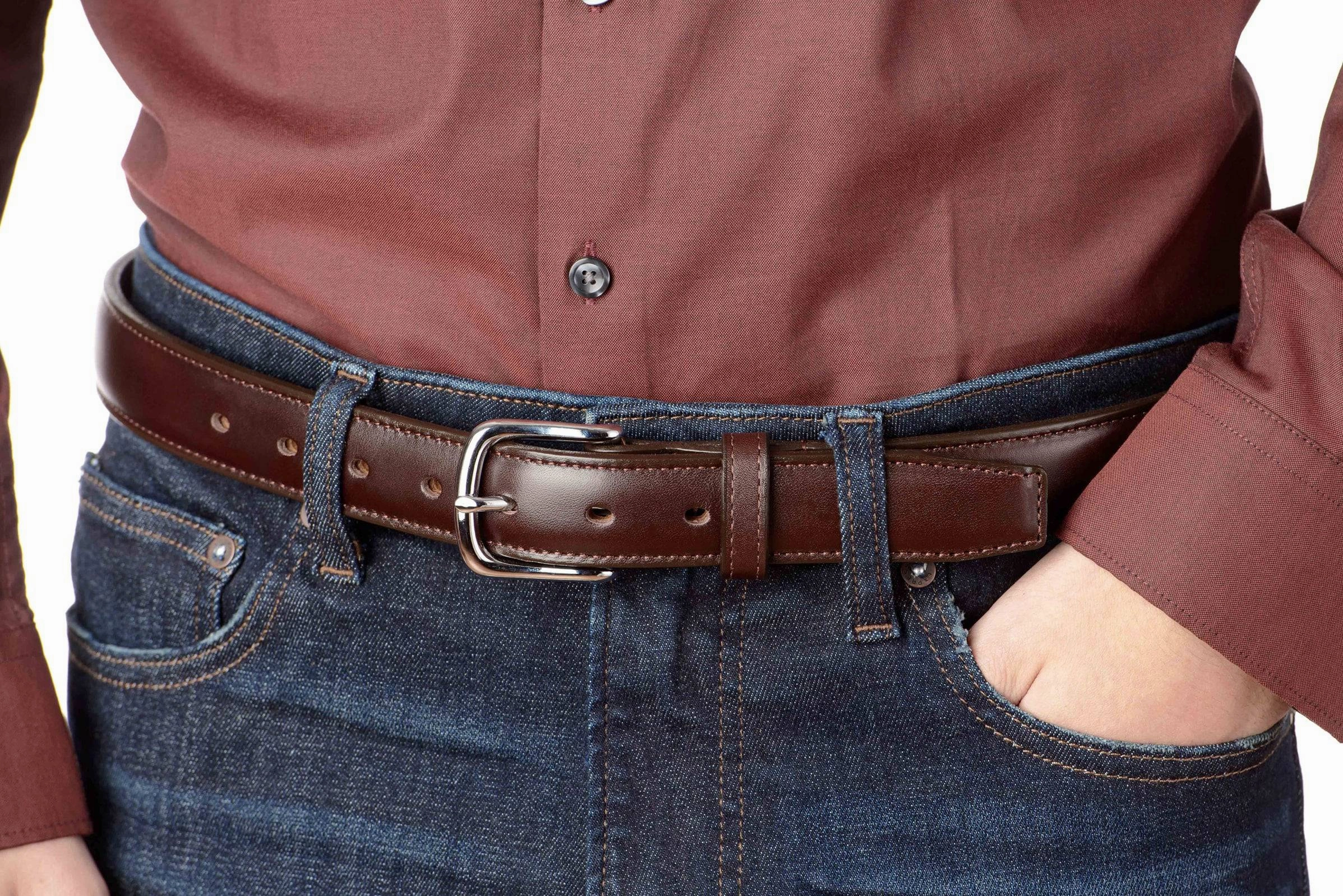 The Stallion: Men's Chocolate Brown Stitched Italian Leather Belt With Chrome Buckle 1.25"